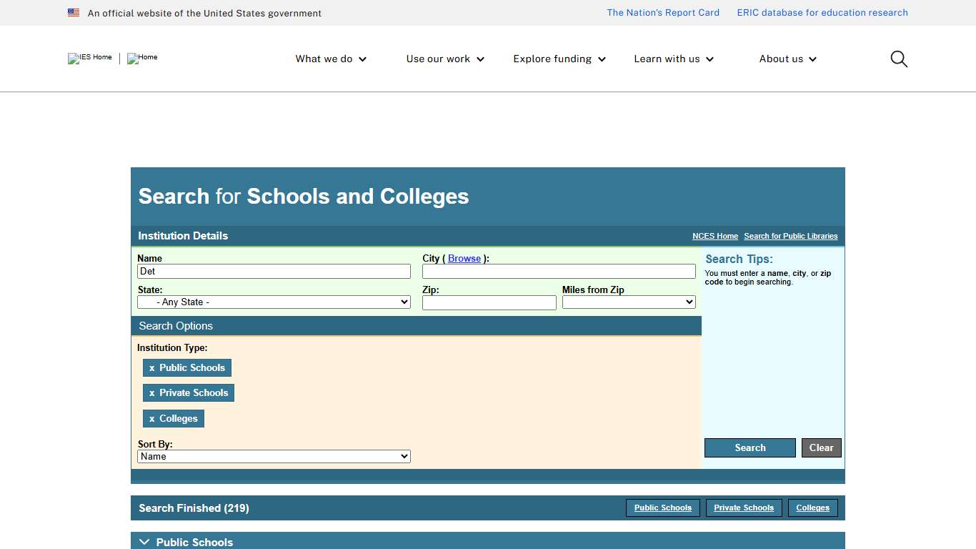 Search For Schools and Colleges